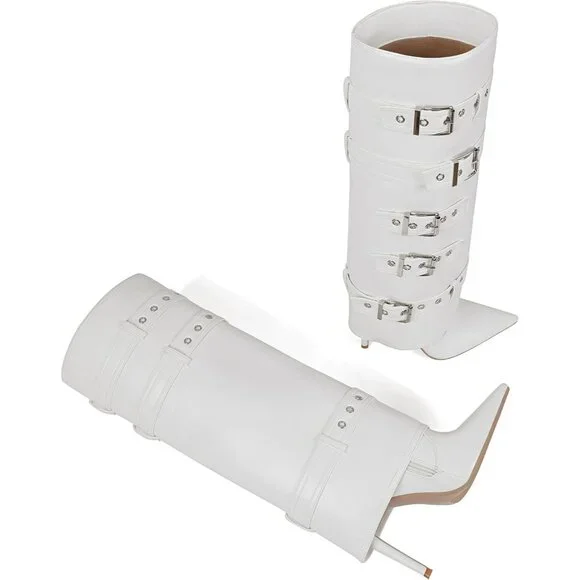 Women's Fold Over Long Tall Leather Buckle Shark Knee High Zipper White Boots - Picture 6 of 6